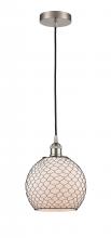  616-1P-SN-G121-8CBK - Farmhouse Chicken Wire - 1 Light - 8 inch - Brushed Satin Nickel - Cord hung - Mini Pendant