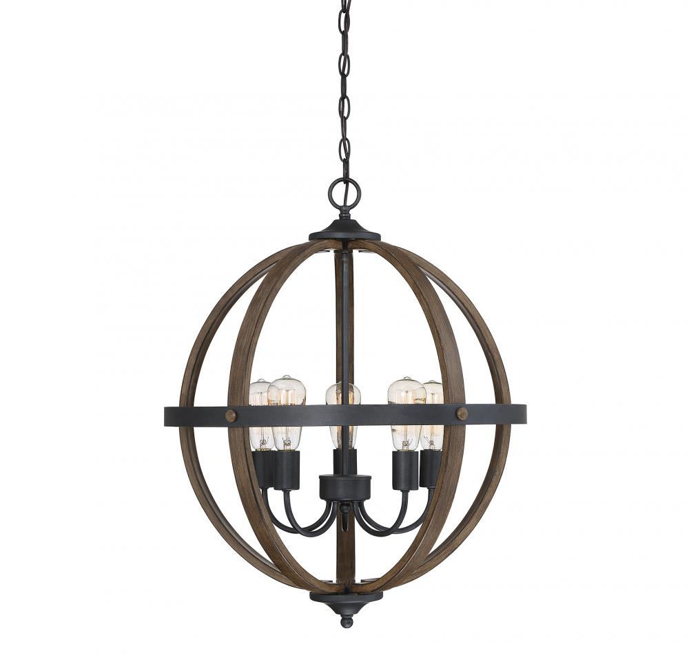 5-Light Chandelier in Wood with Black